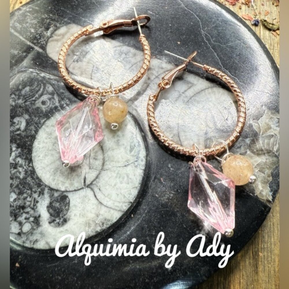 SHOULDER DUSTER + PINK QUARTZ EARRINGS + Rose gold charms hoops - Picture 2 of 4